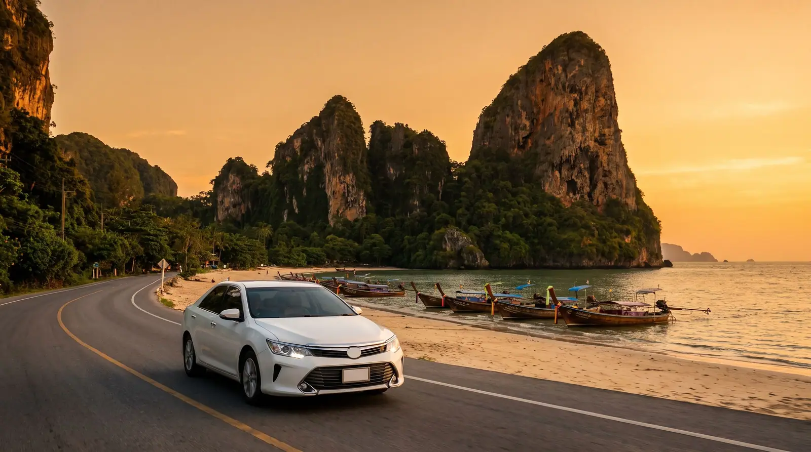 Taxi on the Ao Nang beach road at sunset, limestone cliffs behind